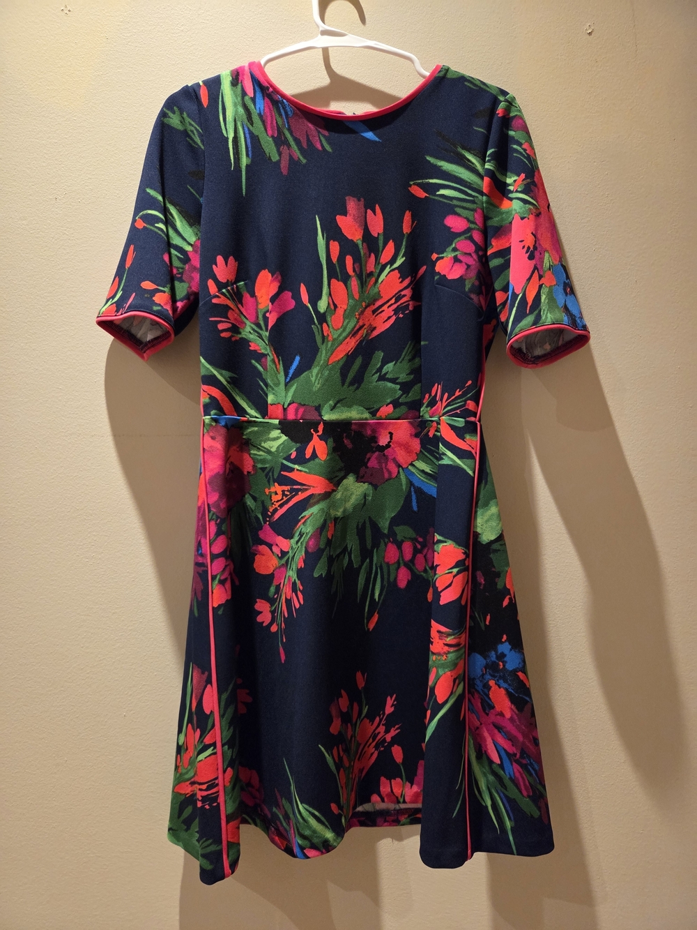 NWOT Vince Camuto Navy Floral Fit-and-Flare Dress with Pink Trim